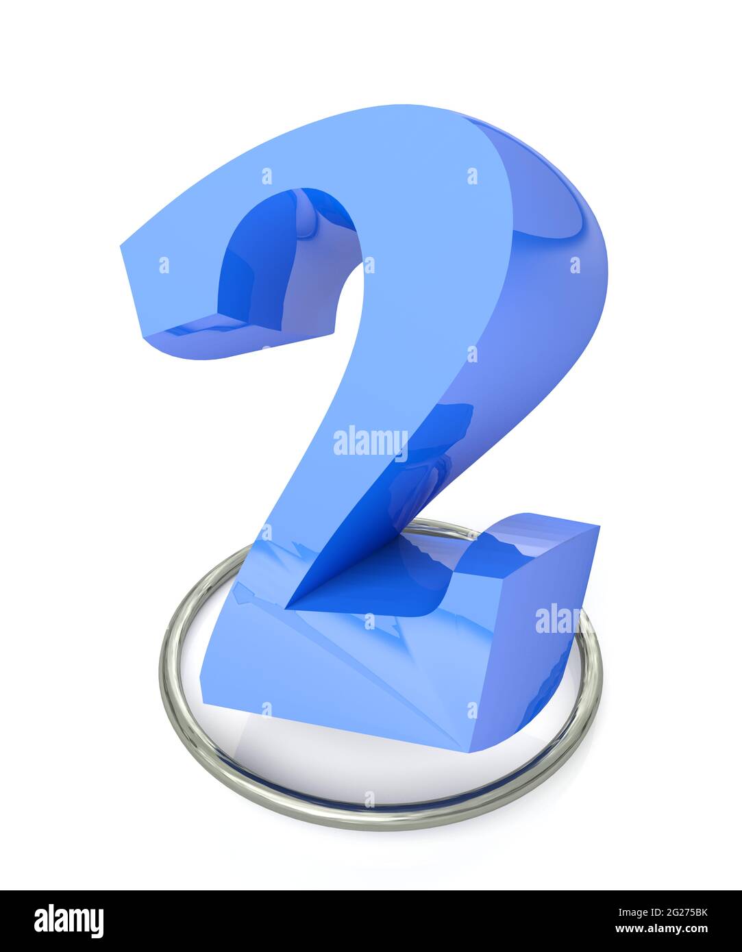 Number 2 blue over metallic circle on white background - 3D rendering