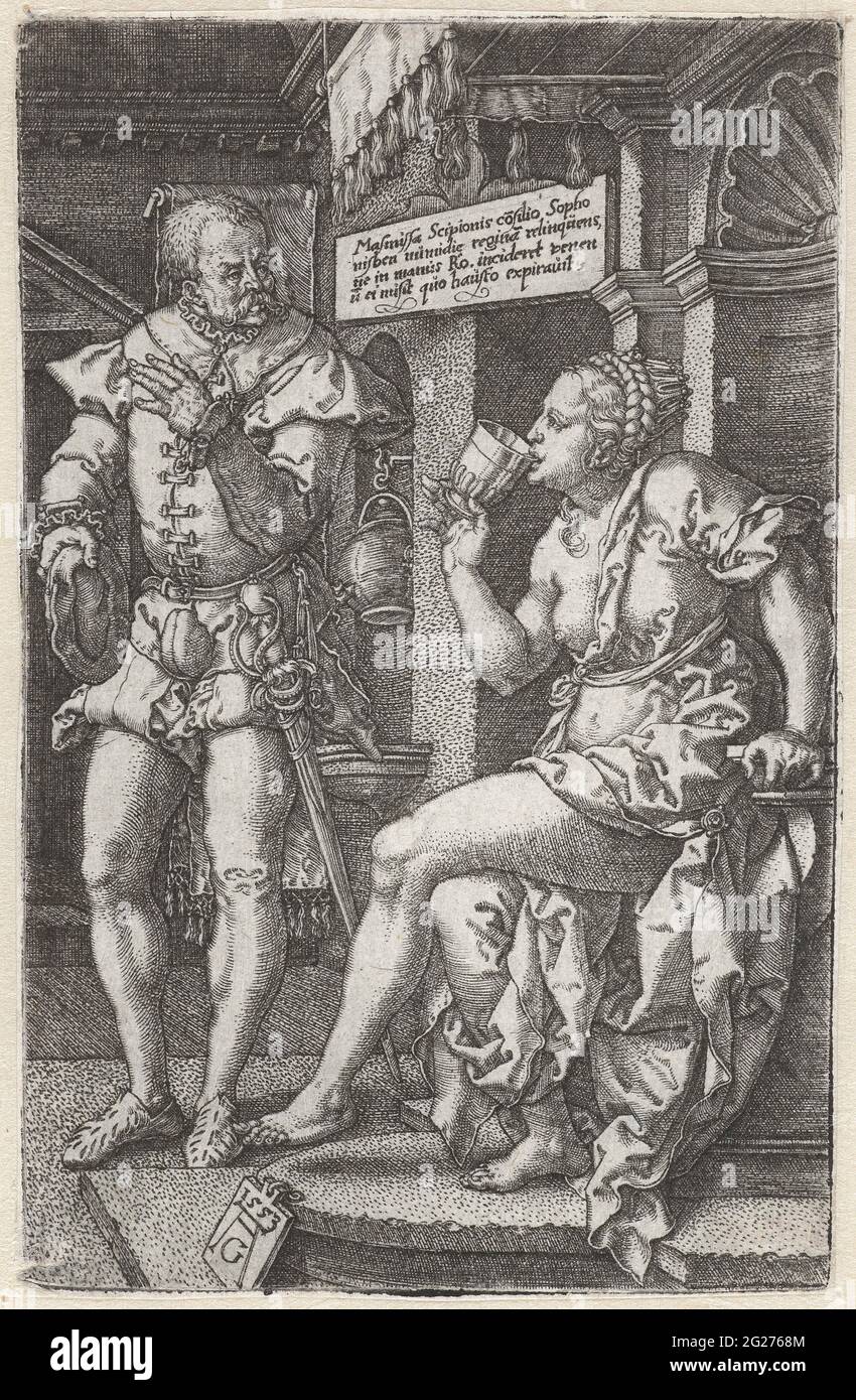 Sophonisba drinks poison. Sophonisba sitting with the poison cup to her mouth. In addition to her a servant of her second man Massinissa, who has brought the poison cup. On the wall a cartouche with a four-line text in Latin. Stock Photo