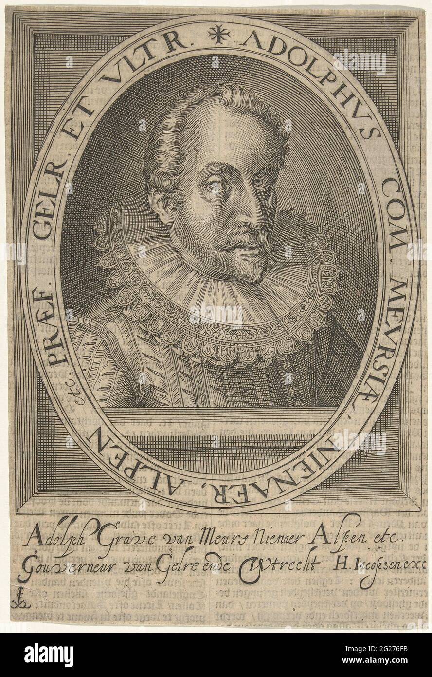 Portrait of Adolf from Nieuwenaar. Portrait of Adolf van Nieuwenaar, Count of Nieuwenaar and Meurs. His name and titles under the portrait. Stock Photo