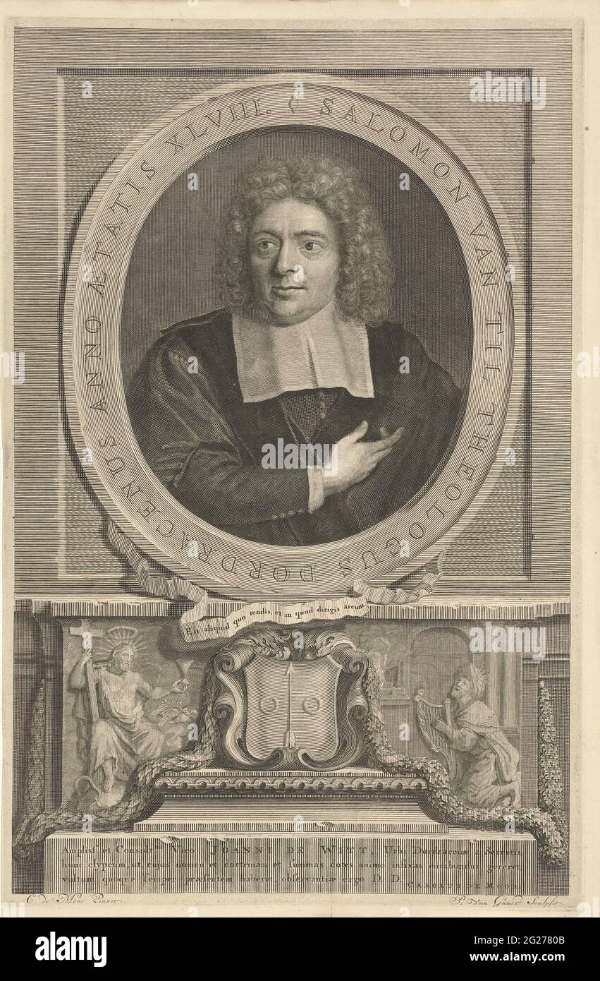 Portrait of Salomon from Til. Salomon van Til, Coccejaan pastor. The print  has a Latin caption. There are coat of arms under the print Stock Photo -  Alamy
