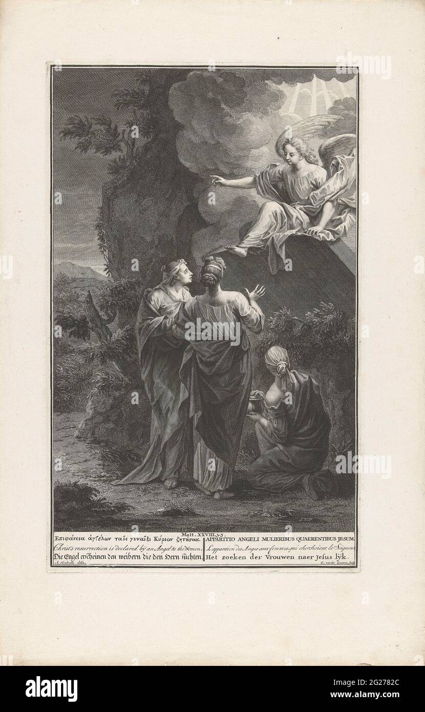 Holy women at the grave. An angel is sitting on the tombstone and focuses  on the three holy women (matte. 28: 3-5). The print has a Greek, Latin,  French, English, German and