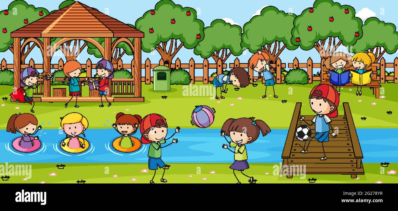 Outdoor scene with many kids playing in the park illustration Stock ...