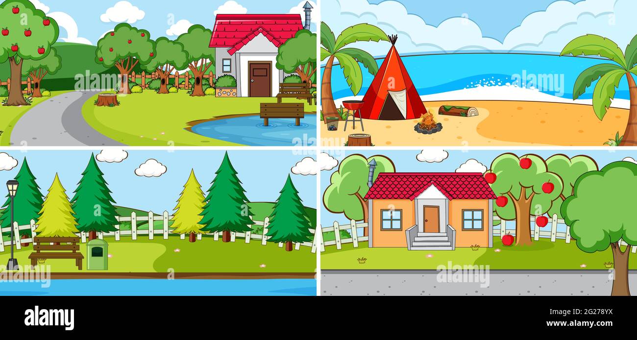 Outdoor scene set with many kids doodle cartoon character illustration ...