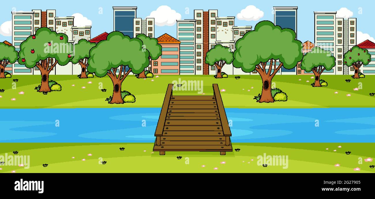 Horizontal scene with park and cityscape background illustration Stock ...