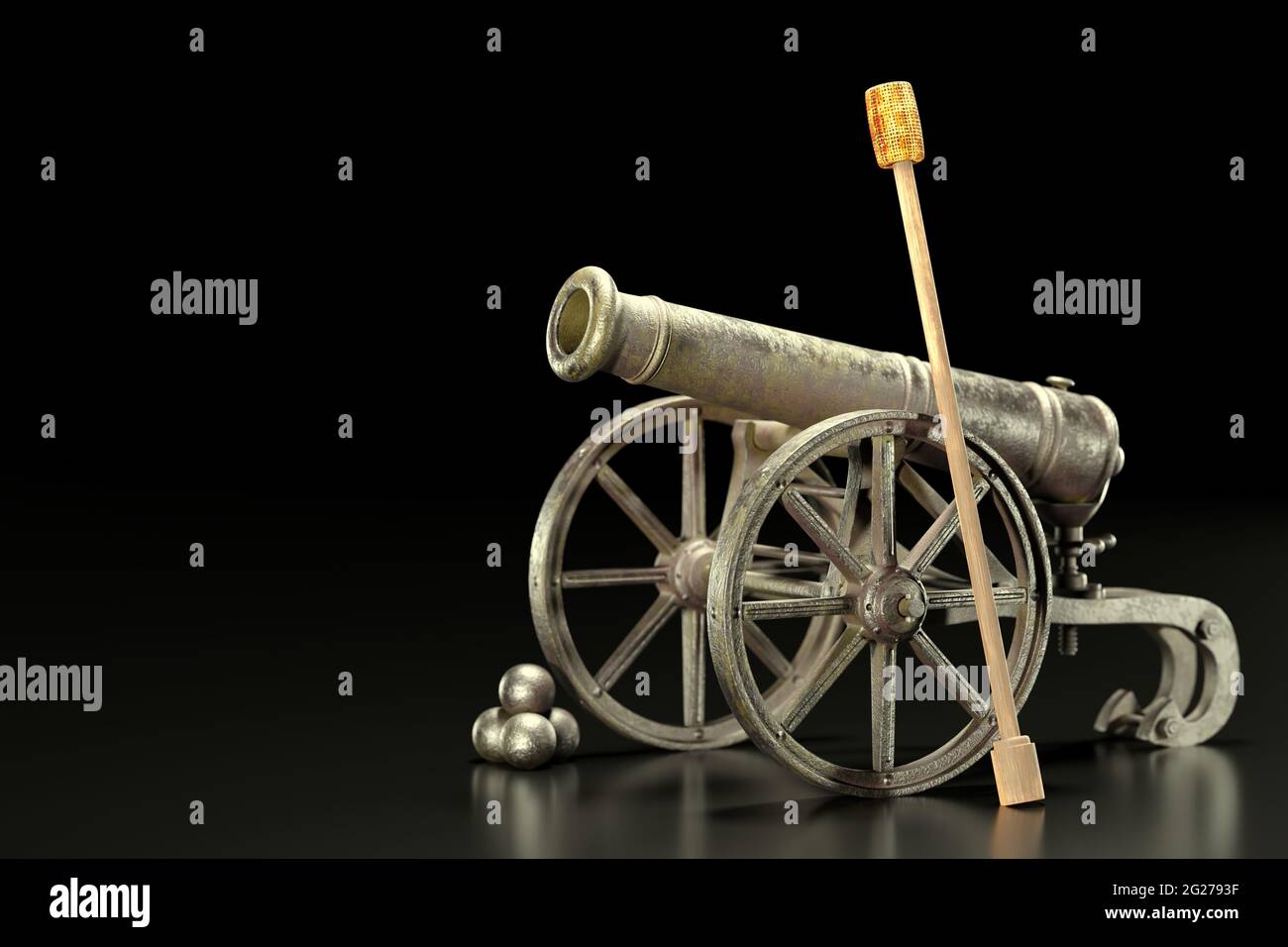 An old cannon has rust on carriage and cannonballs beside it against a black and dark background. A powerful weapon used by the military in the past t Stock Photo
