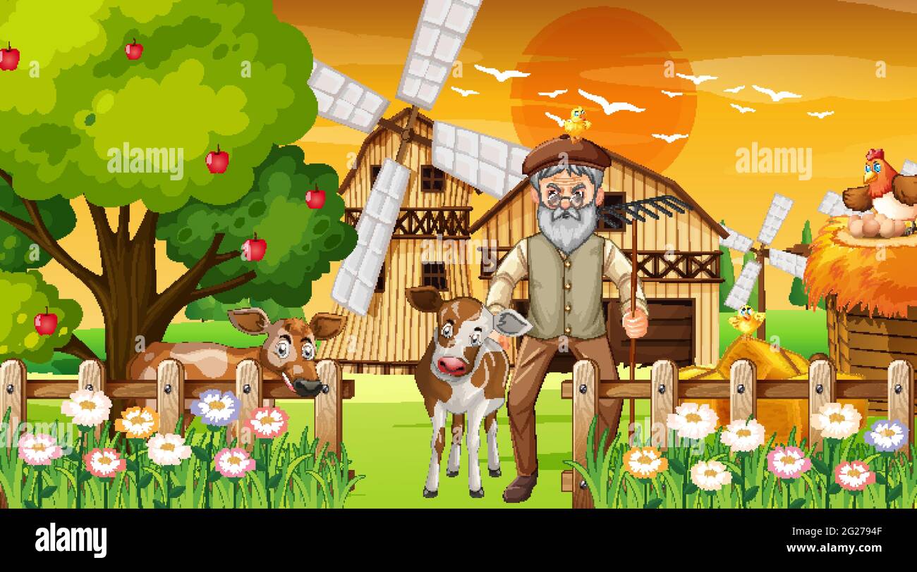 Farm at sunset time scene with old farmer man and farm animals ...