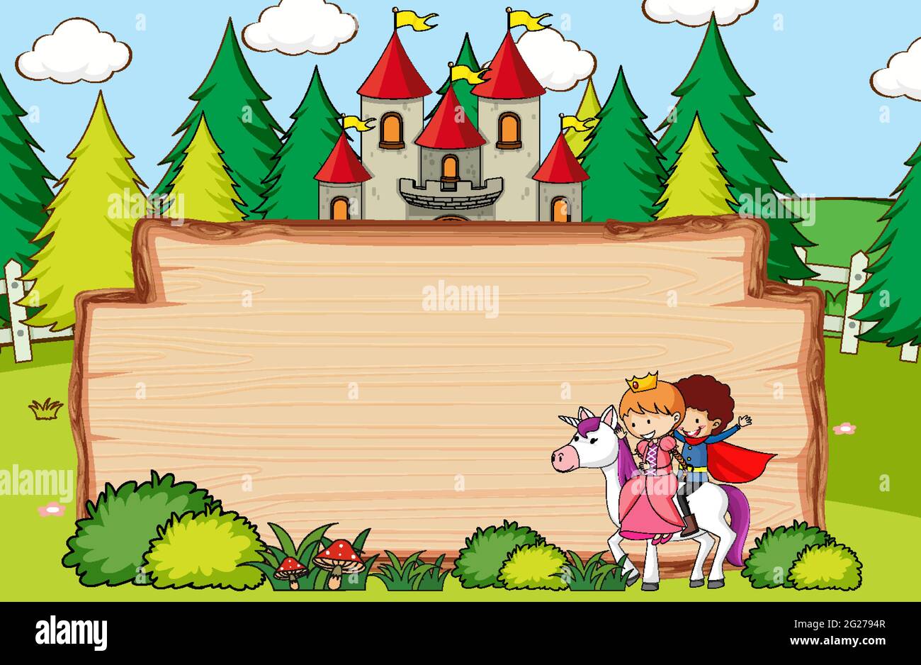 Empty wooden banner in the forest scene with fairy tale cartoon ...
