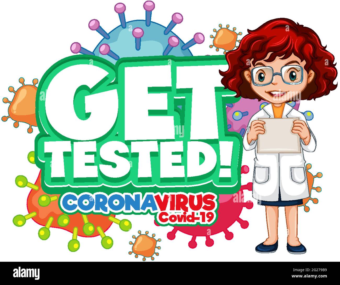 Get Tested font in cartoon style with a female doctor cartoon character ...