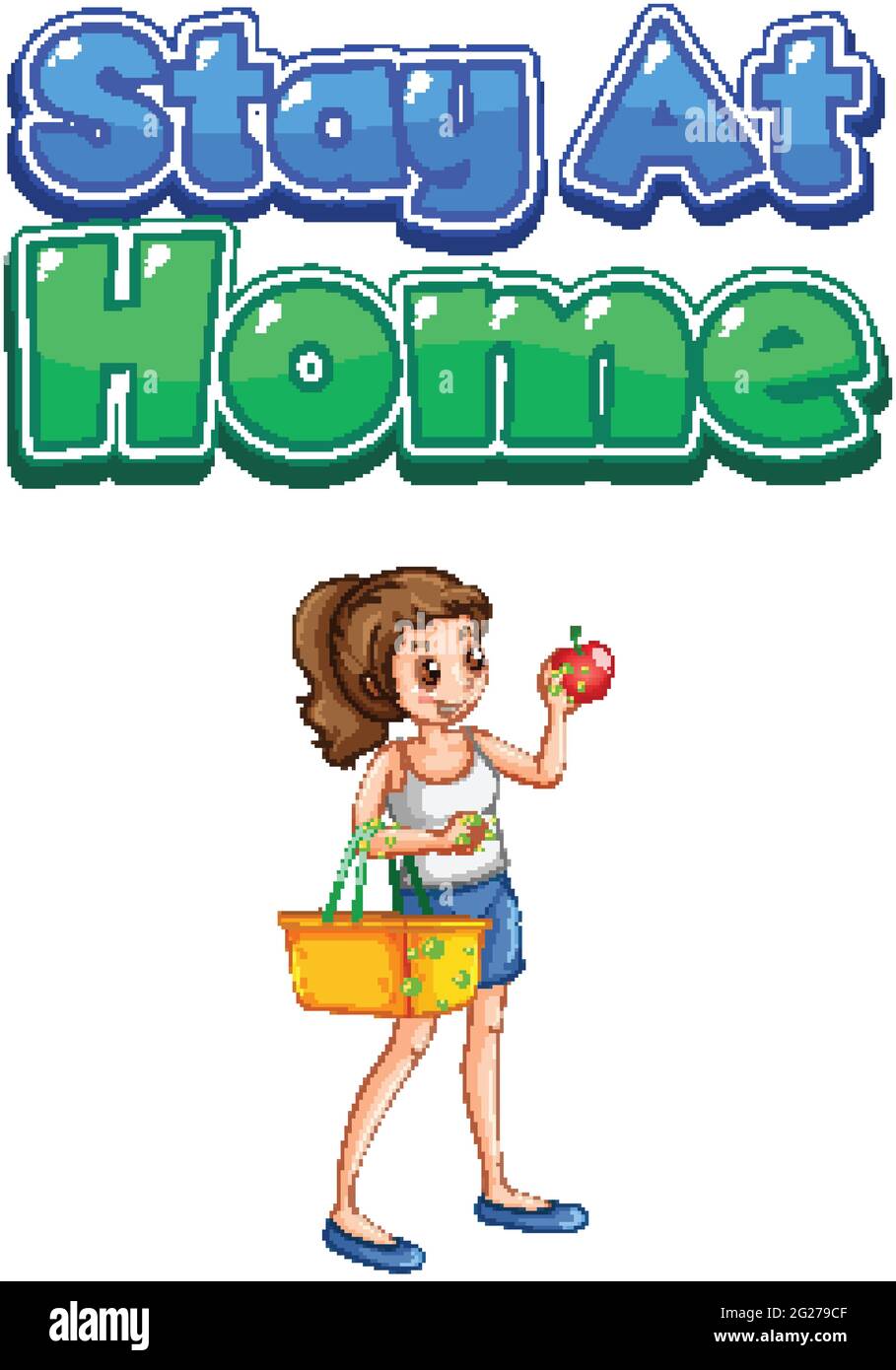 Stay At Home font design with a woman holding shopping basket on white