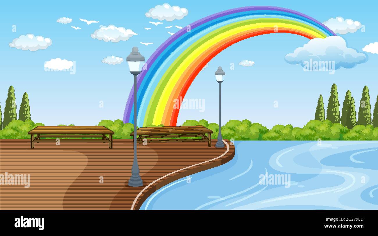 Park landscape scene with rainbow in the sky illustration Stock Vector ...