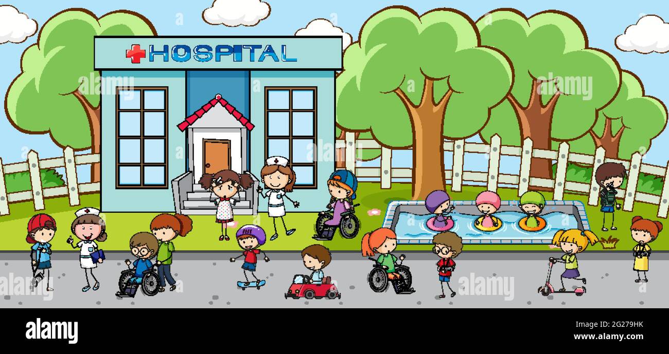 Outdoor scene with many kids playing in the park illustration Stock ...
