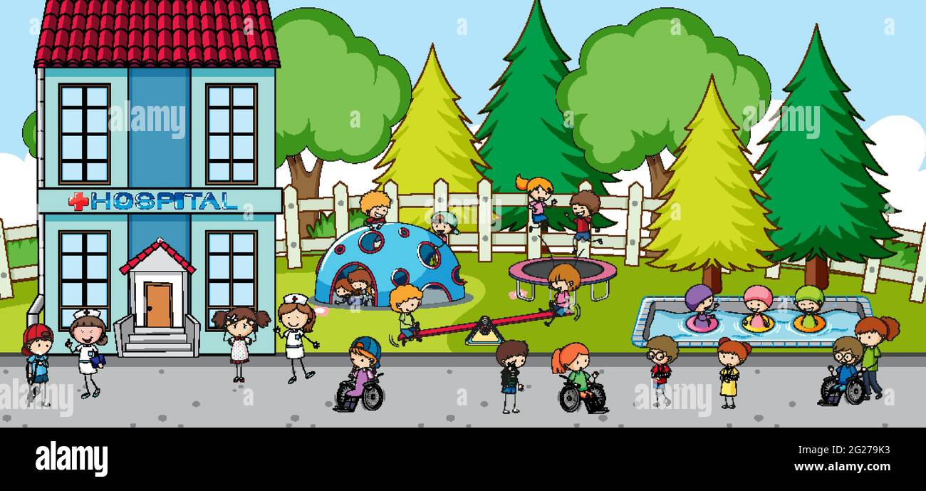 Outdoor scene with many kids playing in the park illustration Stock ...