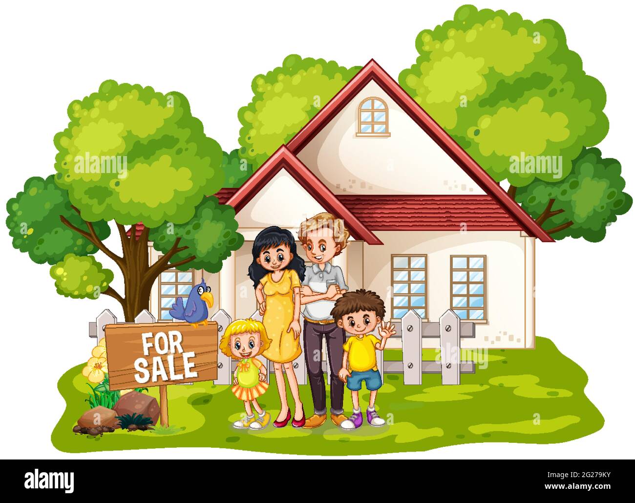 Family standing in front of a house for sale on white background ...