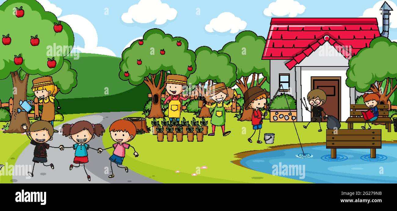 Outdoor scene with many kids playing in the park illustration Stock ...