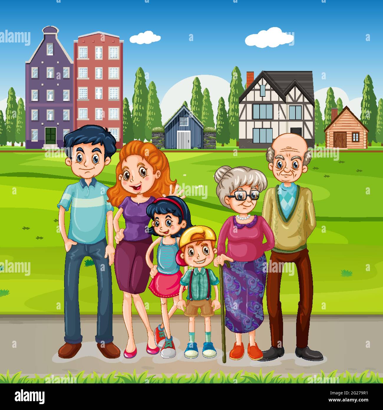 Happy family standing outside on many houses background illustration ...
