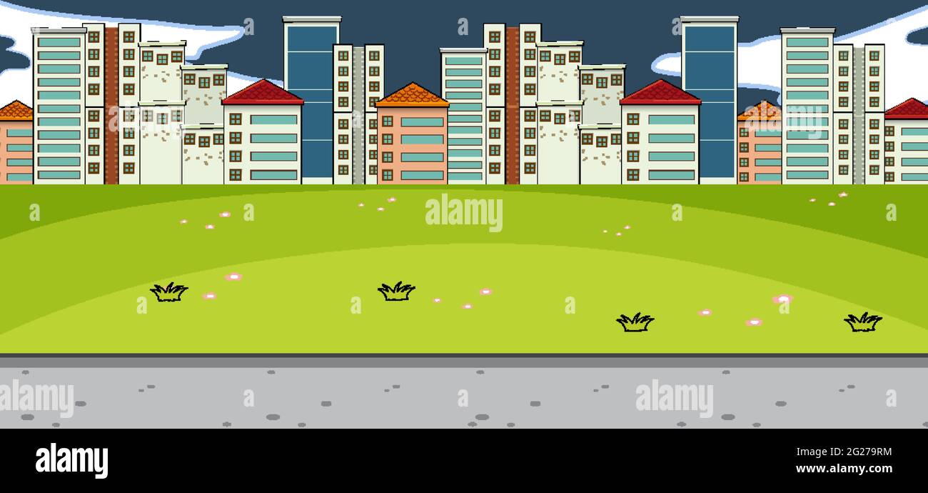 Horizontal scene with park and cityscape background illustration Stock ...