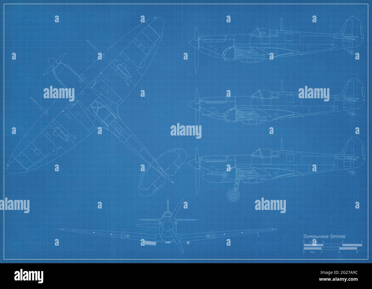 Blueprint of a Supermarine Spitfire fighter plane. Stock Photo