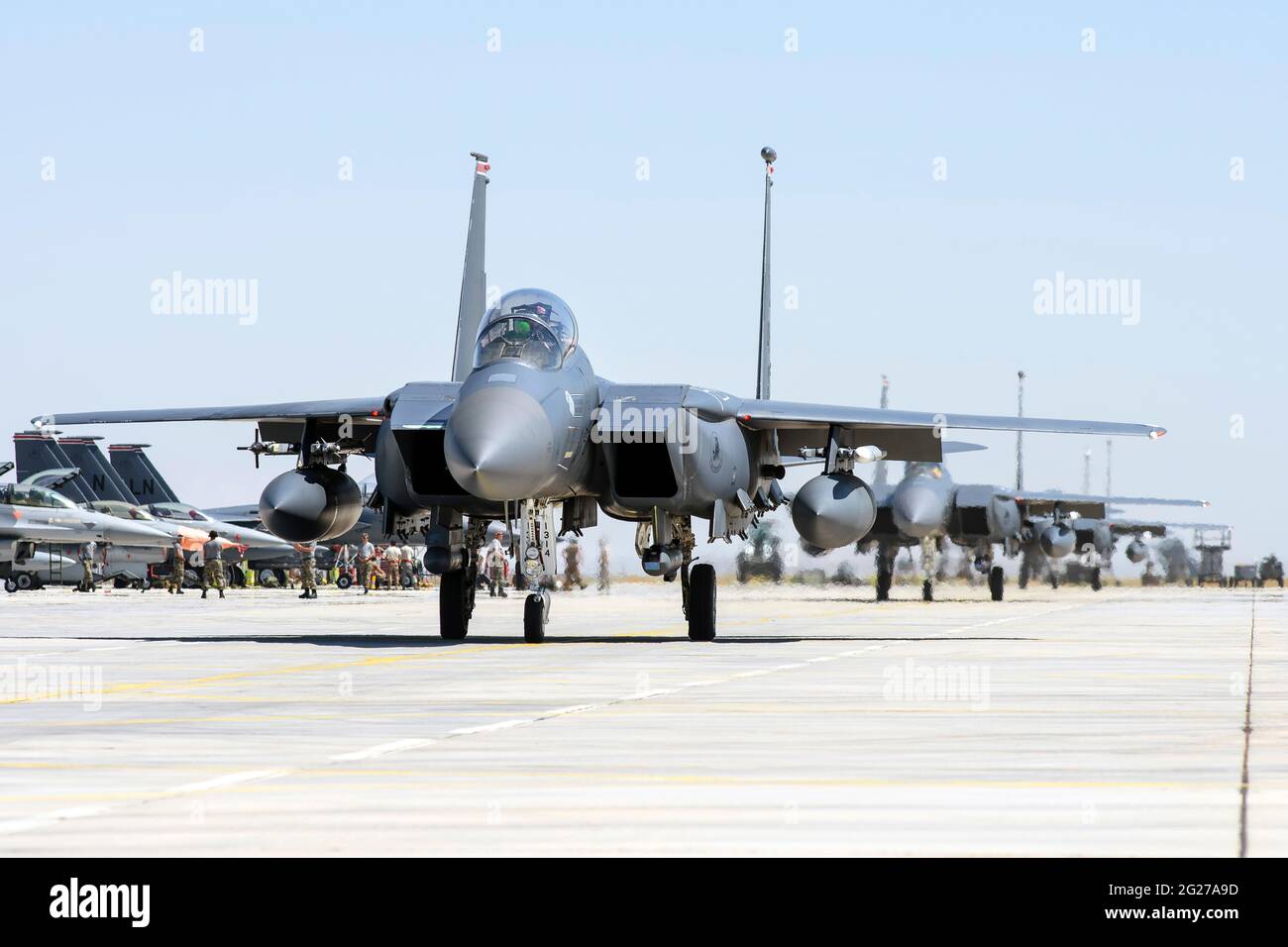United States Air Force F-15E Strike Eagle's on the ramp at Konya Air Base, Turkey. Stock Photo