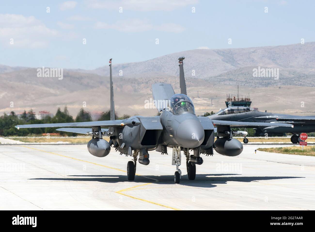 United States Air Force F-15E Strike Eagle on the ramp at Konya Air Base, Turkey. Stock Photo