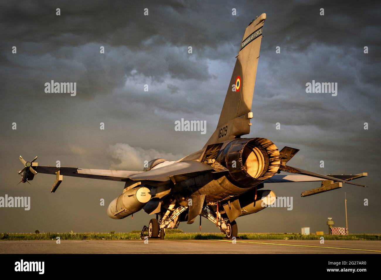 Rear view of a Romanian Air Force F-16AM Fighting Falcon on the ramp at 86thÂ Air Base, Romania. Stock Photo