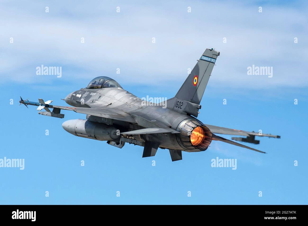 Romanian Air Force F-16AM Fighting Falcon taking off. Stock Photo
