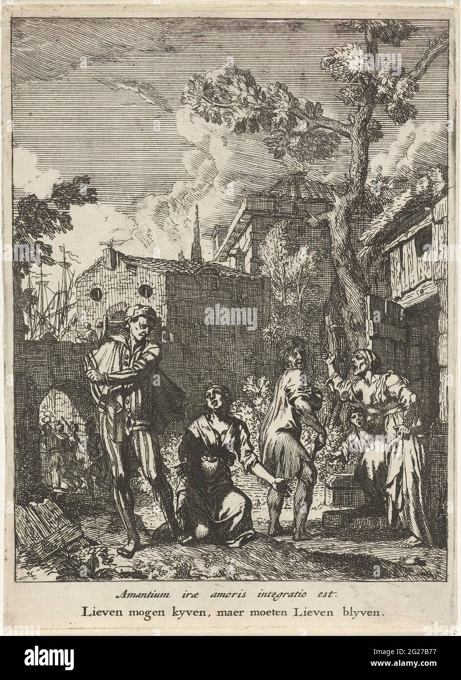 Two couples argue; Illustrations at the Blijspel 'Julfus'. Two couples argue in the outdoors. Left a woman is desperate for her husband knocked down, a woman in the presence of their child scolds her husband's skin. There is a caption in Latin and Dutch in the margin. This illustration is manufactured at the second company of the Blijspel 'Julfus' (1668), written by Andries Pels. The print is part of a three-part series with scenes from this comment. Stock Photo