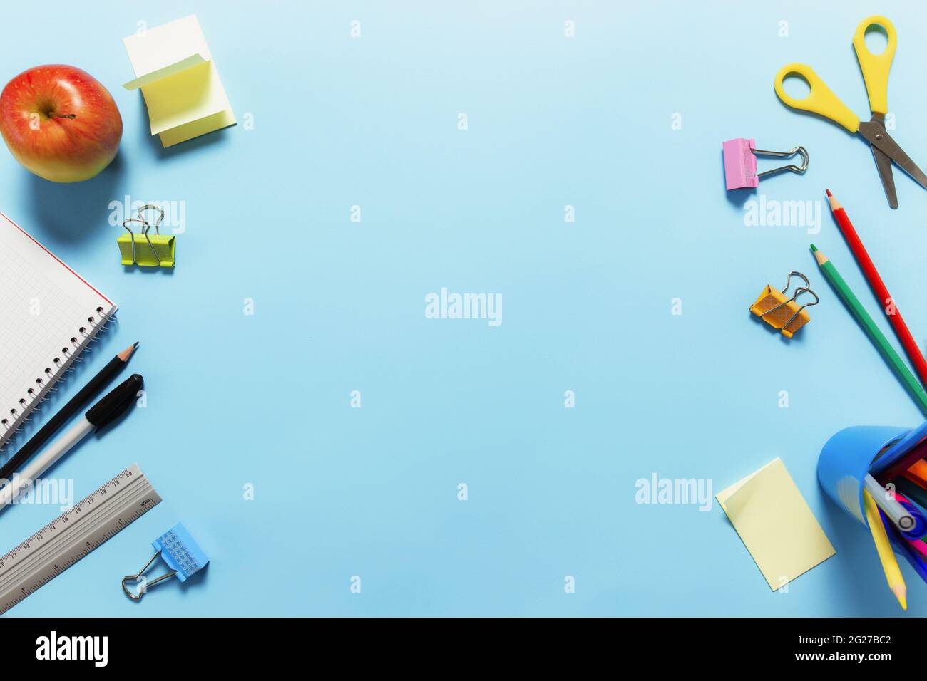 Flat lay with school, education or work desk concept with various ...