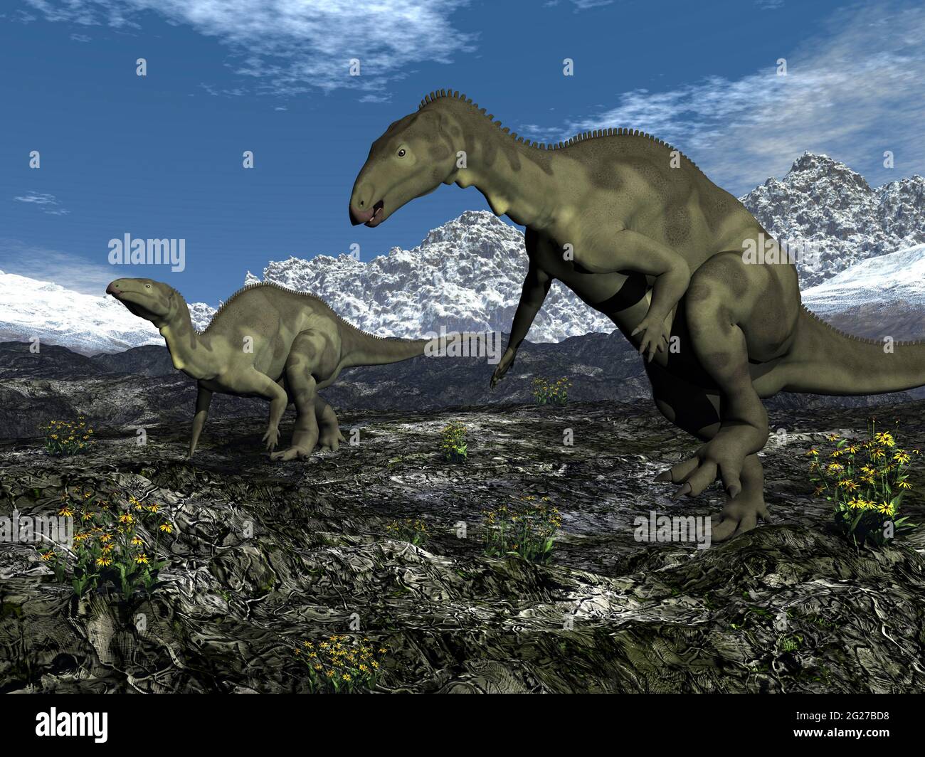 Two Camptosaurus dinosaurs walking together. Stock Photo