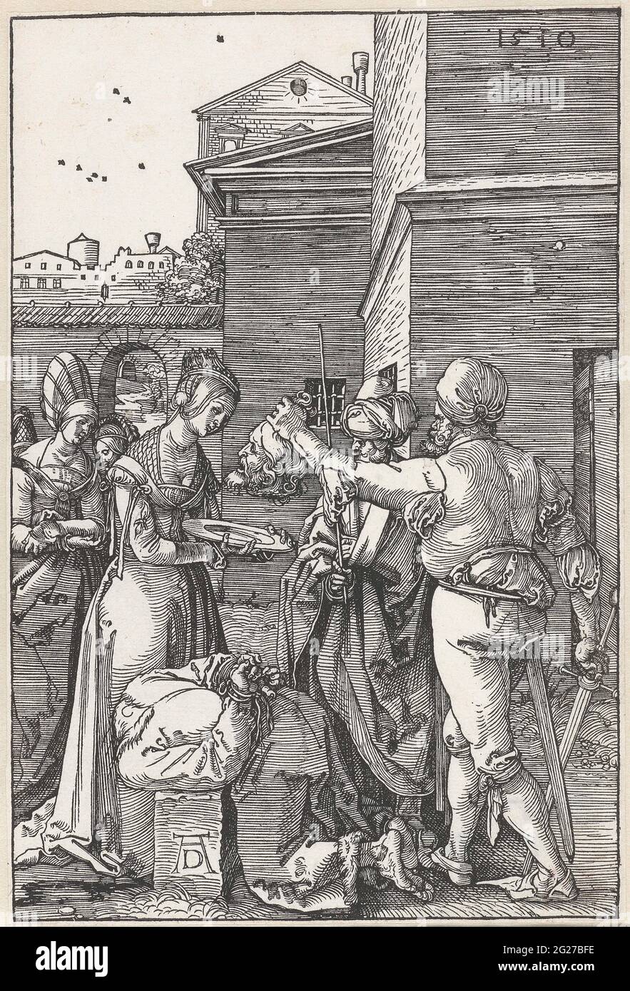 The beheading of John the Baptist. A ready man puts the head of John the Baptist on a scale that holds a woman (Salome). The beheading body of Johannes is on a block for her. Stock Photo