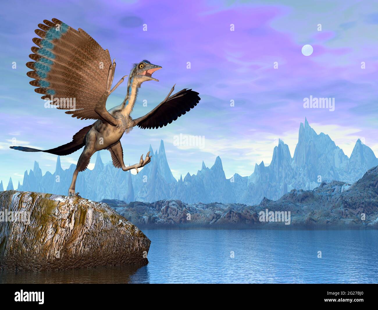 Archaeopteryx prehistoric bird next to the water at night. Stock Photo