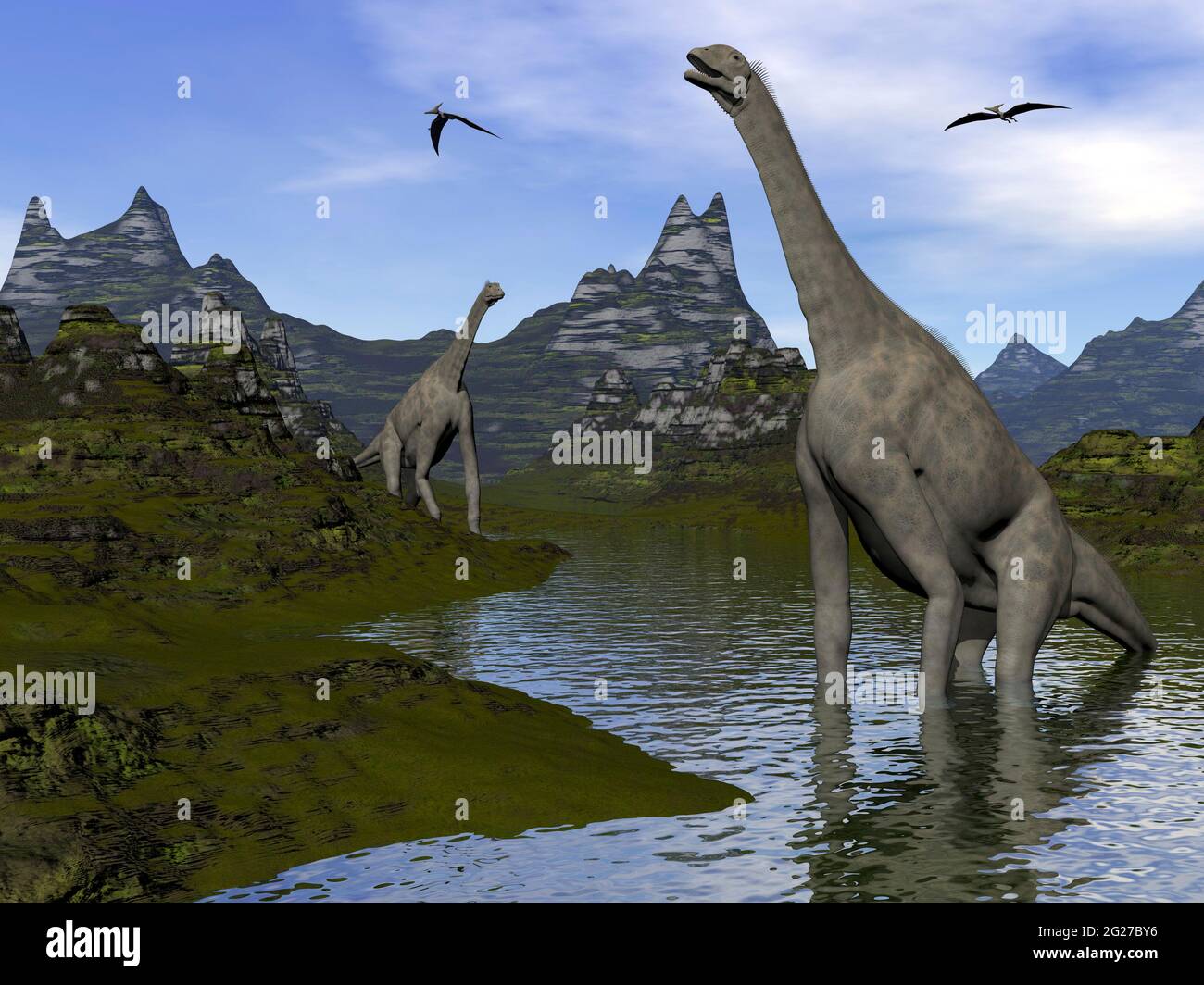 Atlasaurus dinosaurs walking along a river. Stock Photo