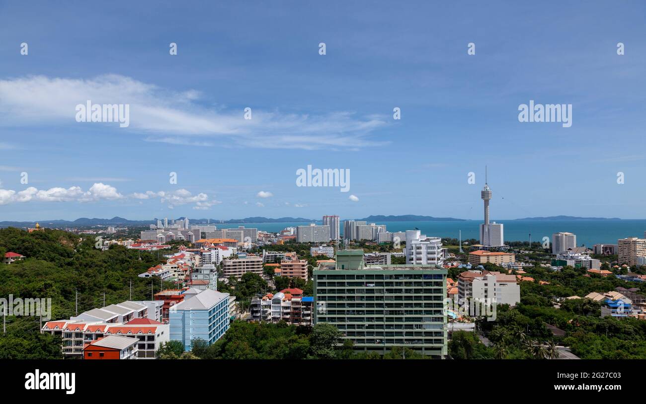 igh angle view of buildings, skyline and the sea in Pattaya. Stock Photo