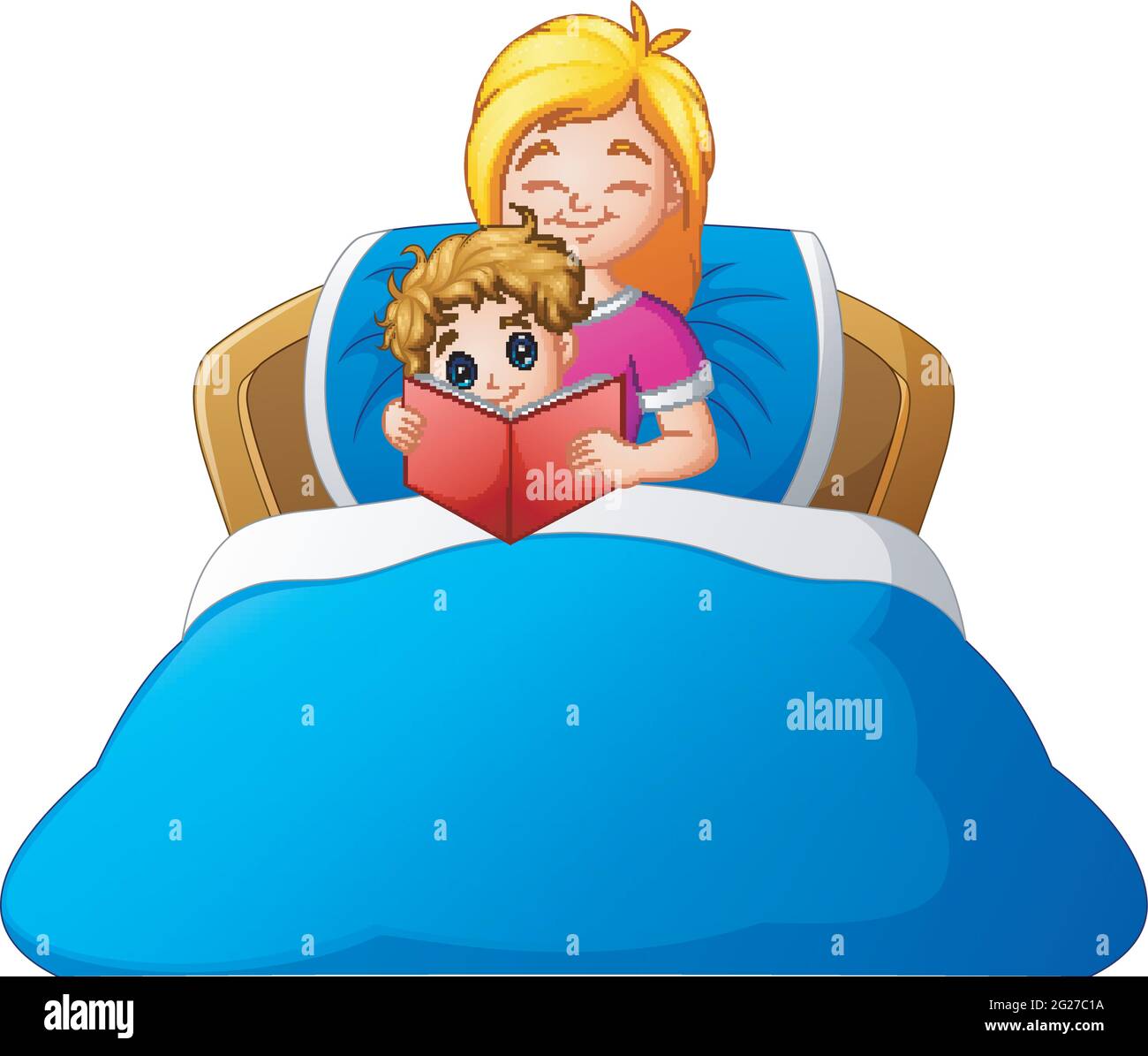 Cartoon mother reading bedtime story to son on bed Stock Vector Image & Art Alamy