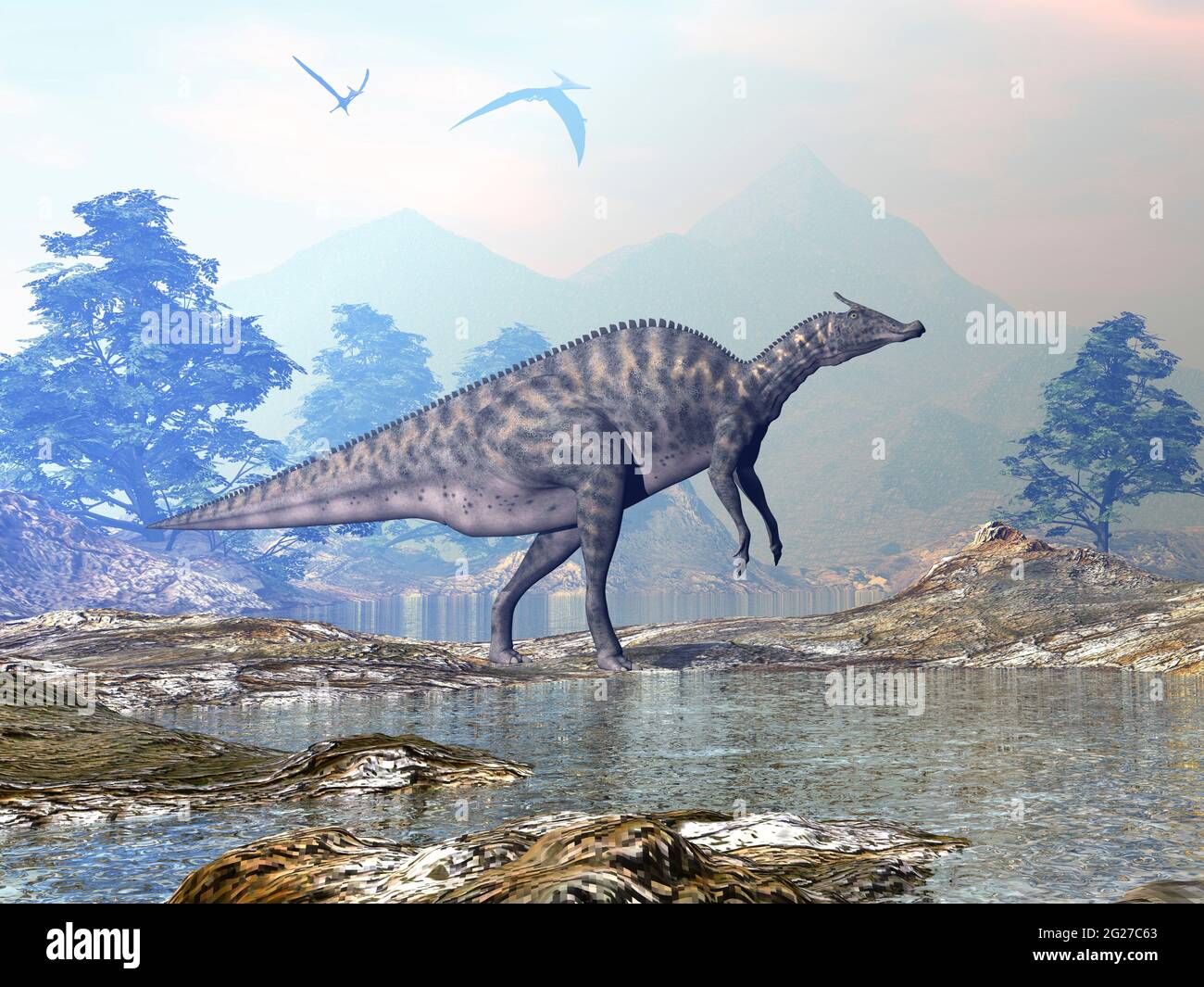 Saurolophus dinosaur walking in a beautiful landscape with mountains and water. Stock Photo