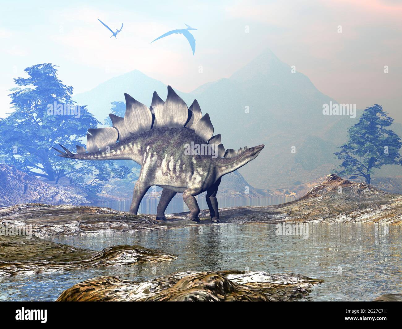 Stegosaurus dinosaur walking in a beautiful landscape with mountains and water. Stock Photo