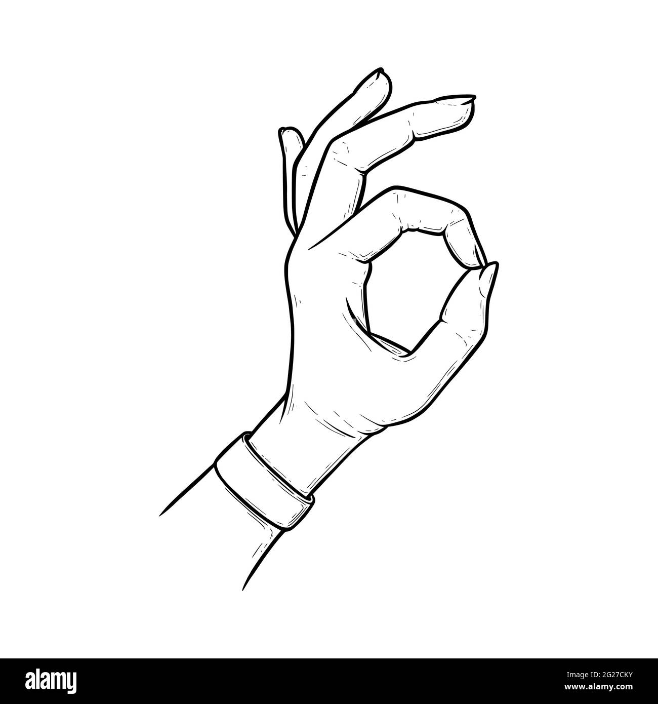 Okay sign meaning acception and perfection. Ok hand gesture isolated in white background. Outline vector illustration Stock Vector