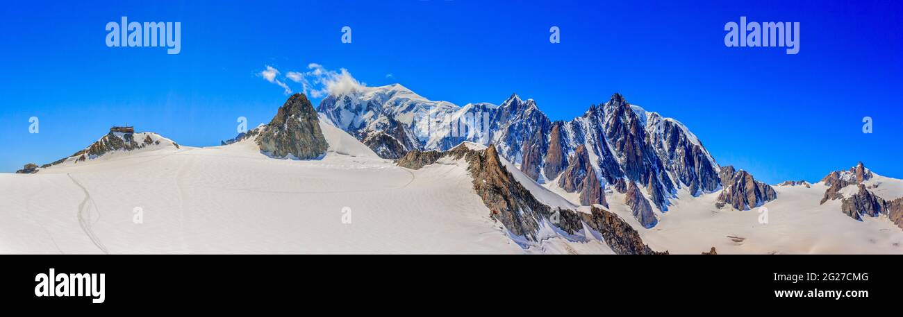 Panoramic view of the Mont Blanc Massif as seen from Glacier du Geant ...