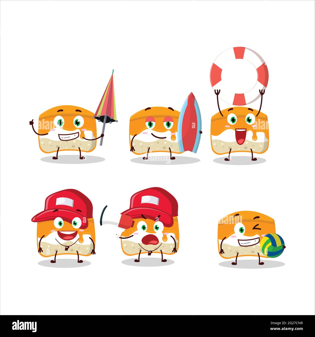 Happy Face orange cake cartoon character playing on a beach. Vector