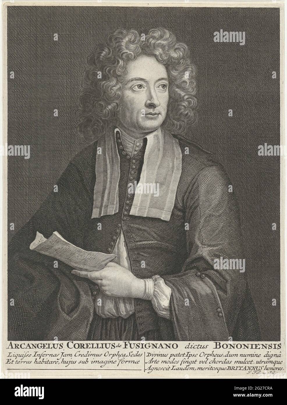 Portrait of Arcangelo Corelli. Portrait in half of the Italian composer Arcangelo Corelli. He holds a music magazine in his hand. Under the portrait in the margin is the full name of the person portrayed and a five-line text in Latin. Stock Photo