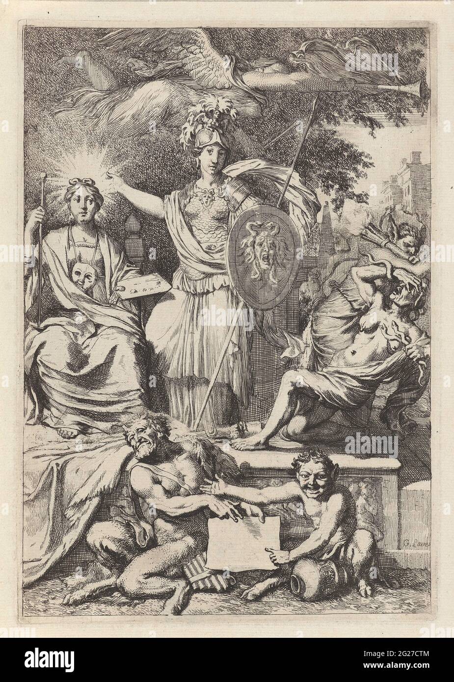 English: Oil on canvas of the god Mercury and goddess Minerva providing the  warrior Perseus with armor to battle the Gorgon, Medusa. Italian: Perseo  giovane armato da Mercurio ed Atena Perseus