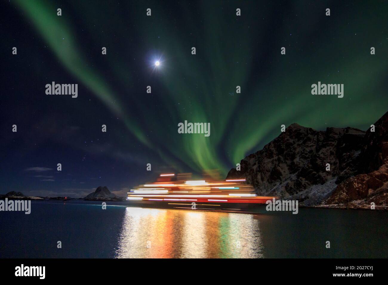 Hurtigruten postal ship with northern lights., Norway Stock Photo Alamy