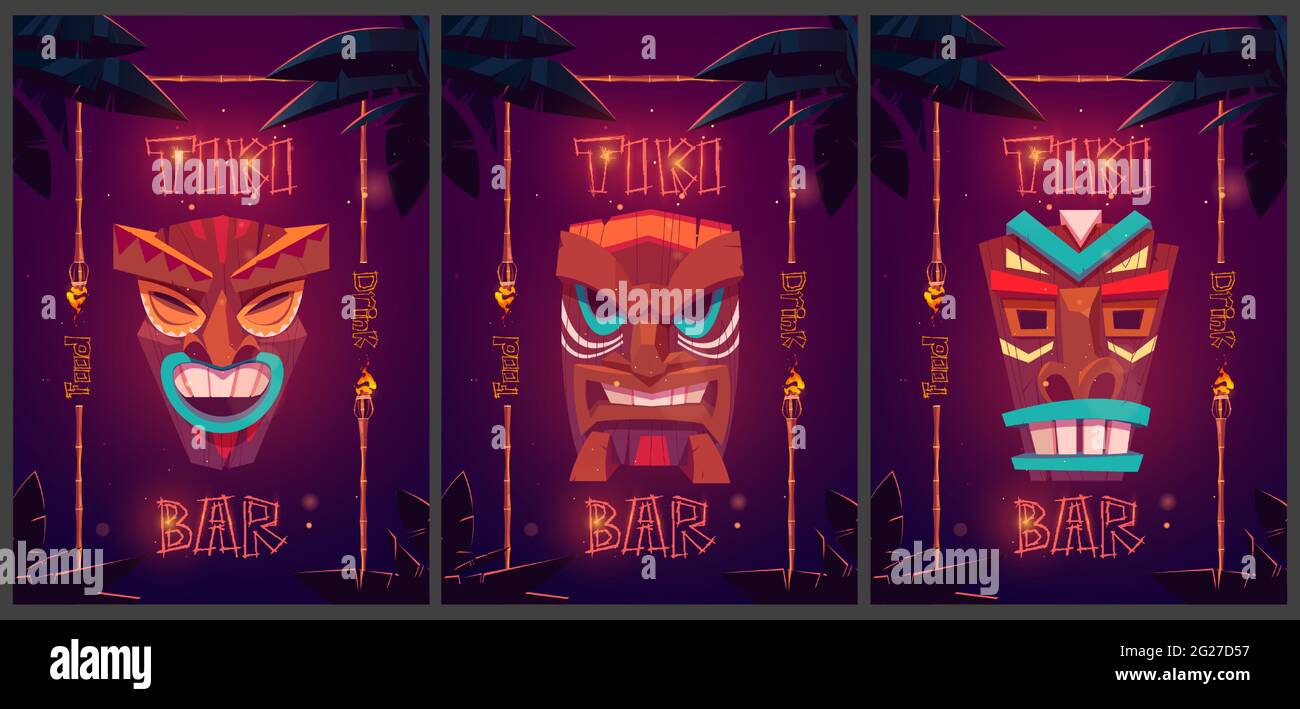 Tiki bar cartoon ad posters with tribal masks in bamboo frames and palm leaves. Promo posters for beach hut bar food and drink, signboards with glowing fonts for amusement establishment Vector banners Stock Vector