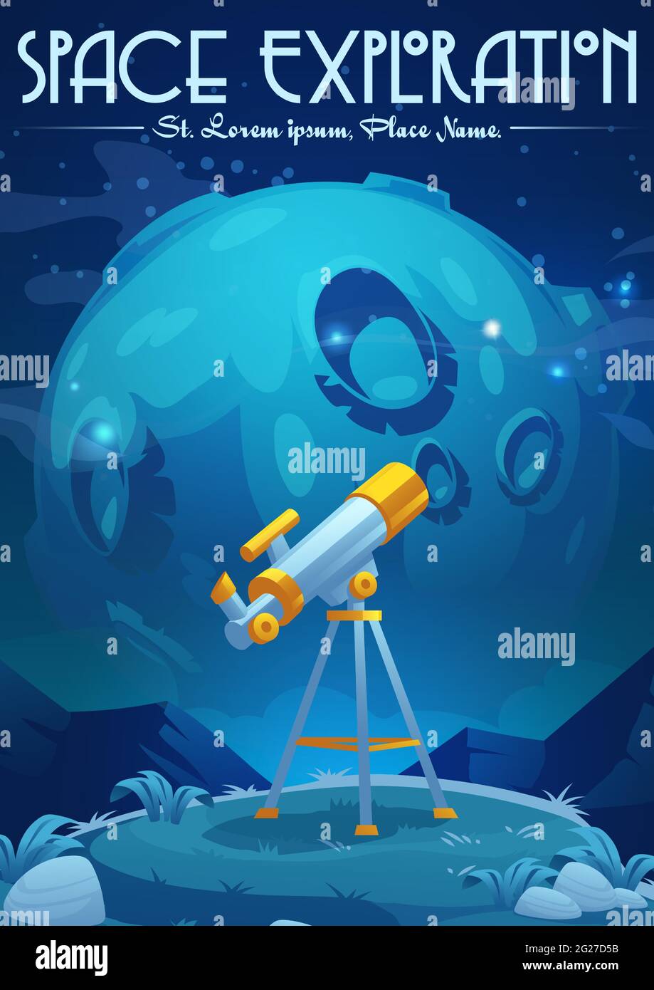 Space exploration cartoon poster with telescope stand on hill under starry sky with Moon. Science discovery and astronomy studying. Equipment for watching stars and planets in galaxy vector banner Stock Vector