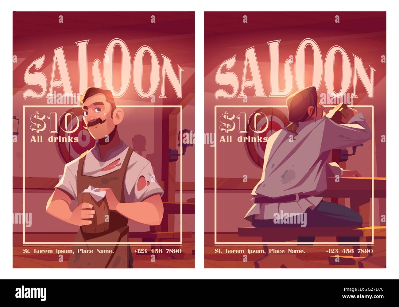 Saloon cartoon ad posters, old style tavern with barista holding wooden tankard and visitor dining. Invitation to retro beer pub, antique bar with desk, benches and tables vector flyer with price Stock Vector