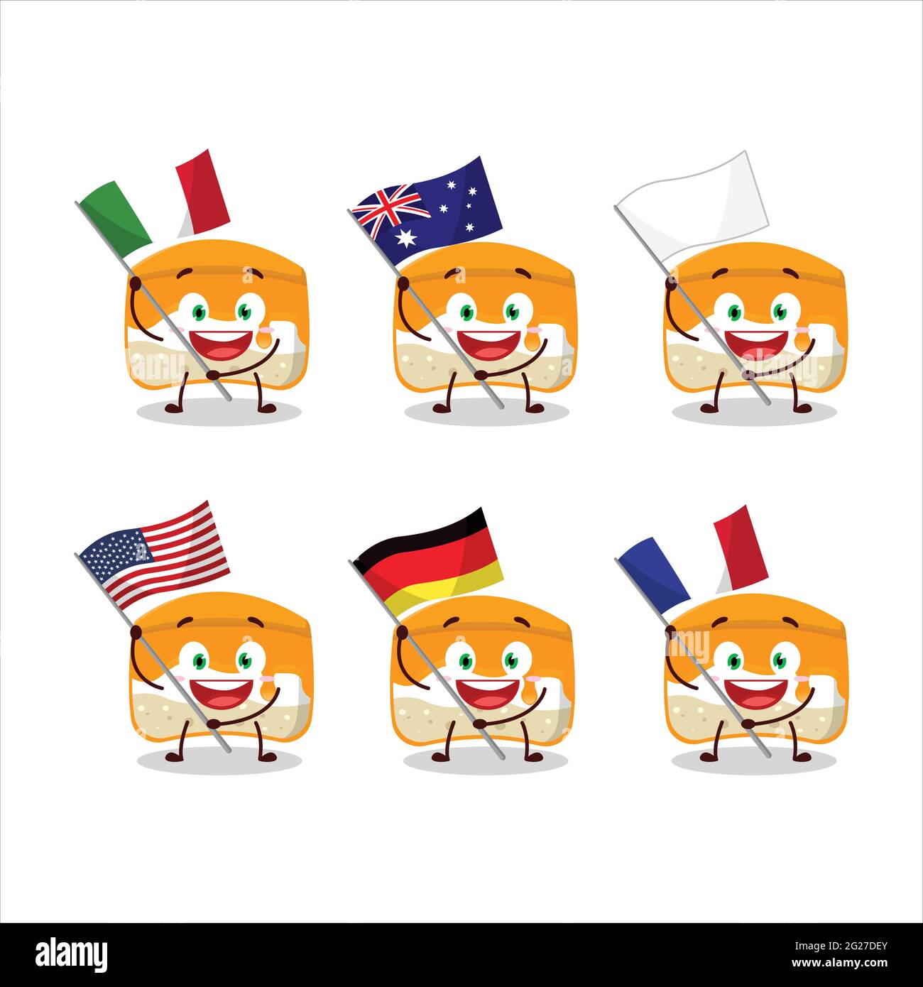 Orange cake cartoon character bring the flags of various countries