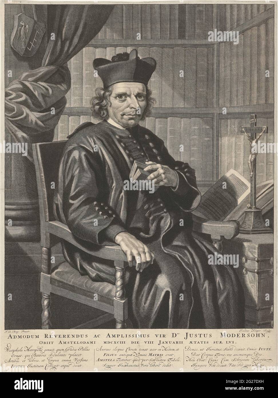 Portrait of the Pastor Justus Modernohn; Admodum reverendus AC Amplissimus vir DNS Justus Modernohn, Obiit Amstelodami MDCXCIII Die VIII Januaryi Aetatis Suae Lvi. Junction by Justus Modernohn, Pastoor in Amsterdam. Behind Moldohn a cupboard full of books and next to him a table with a crucifix and a opened book on it. He is wearing a gown and holds a book in his left hand. Below the image a twelve-line Latin text in three columns. Stock Photo