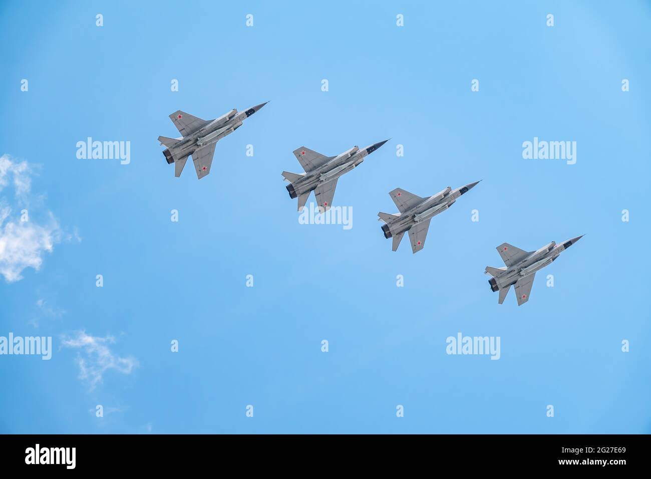 Moscow, Russia - May, 05, 2021: Four MIG-31K, Foxhound, with Kh-47M2 Kinzhal missle flying over Red Square during the preparation of the May 9 parade. Stock Photo