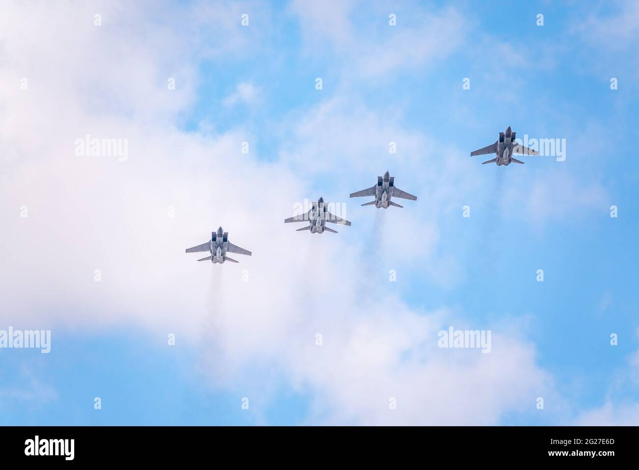 Moscow, Russia - May, 05, 2021: Four MIG-31K, Foxhound, with Kh-47M2 Kinzhal missle flying over Red Square during the preparation of the May 9 parade. Stock Photo