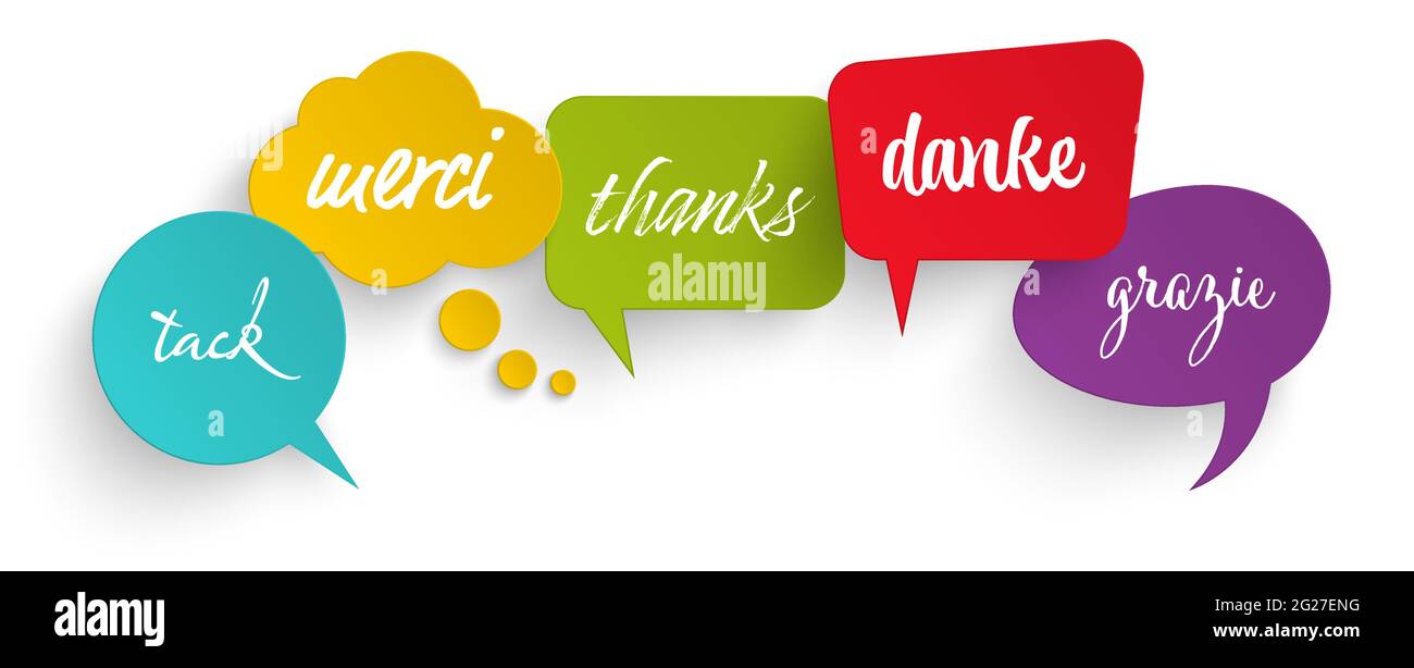 EPS 10 vector illustration of colored speech bubbles row isolated on white background with greetings text ' thanks ' in different languages Stock Vector