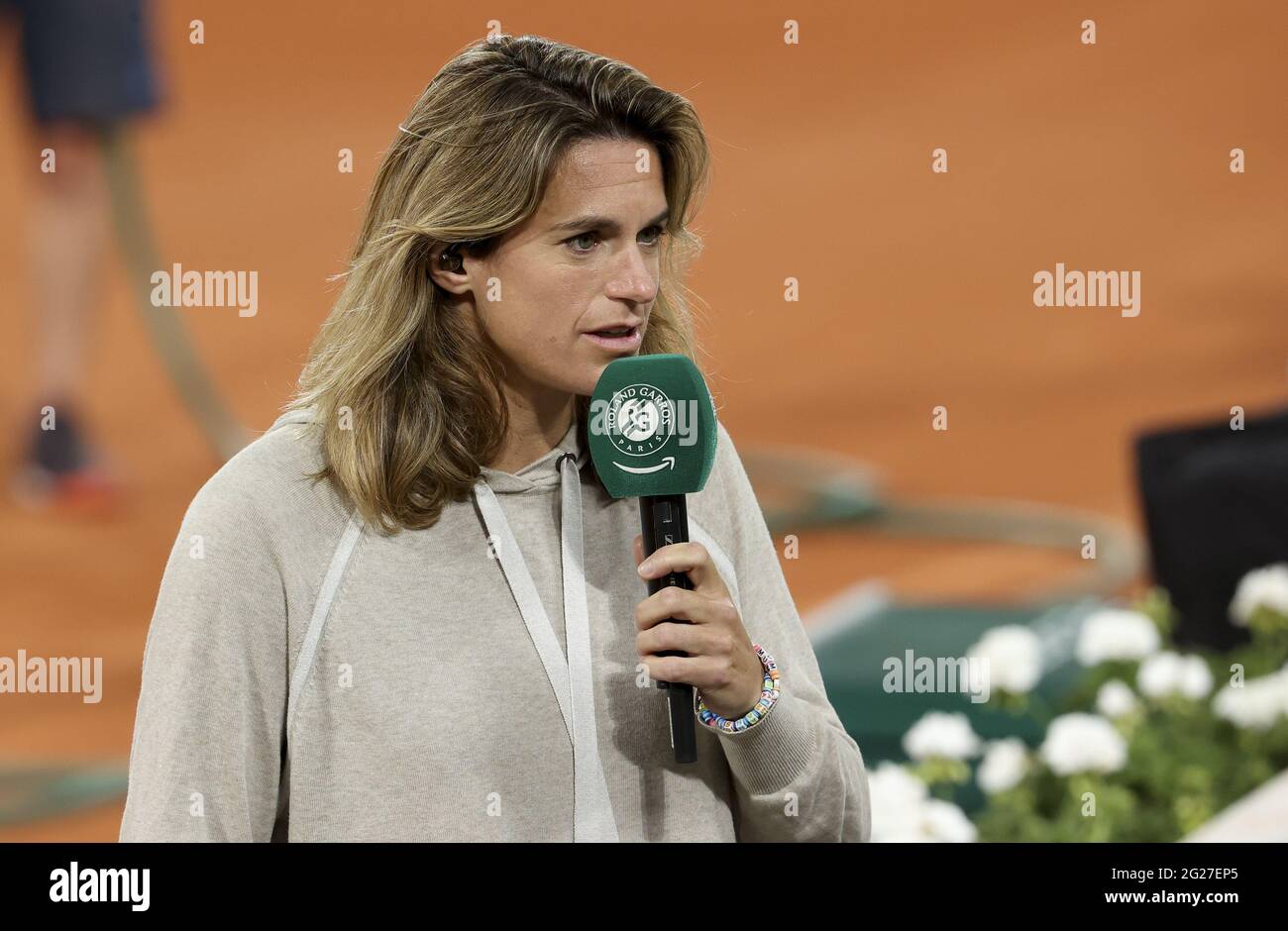 Paris, France, June 8, 2021 Amelie Mauresmo comments for Prime Video Amazon  day 10 of the French Open 2021, Grand Slam tennis tournament on June 8,  2021 at Roland-Garros stadium in Paris,